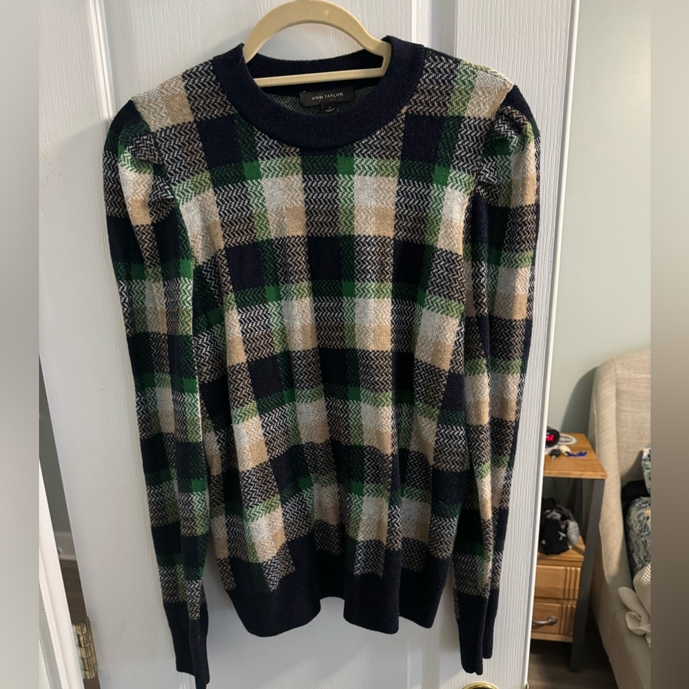 Large Ann Taylor blue, green, and cream tartan sweater